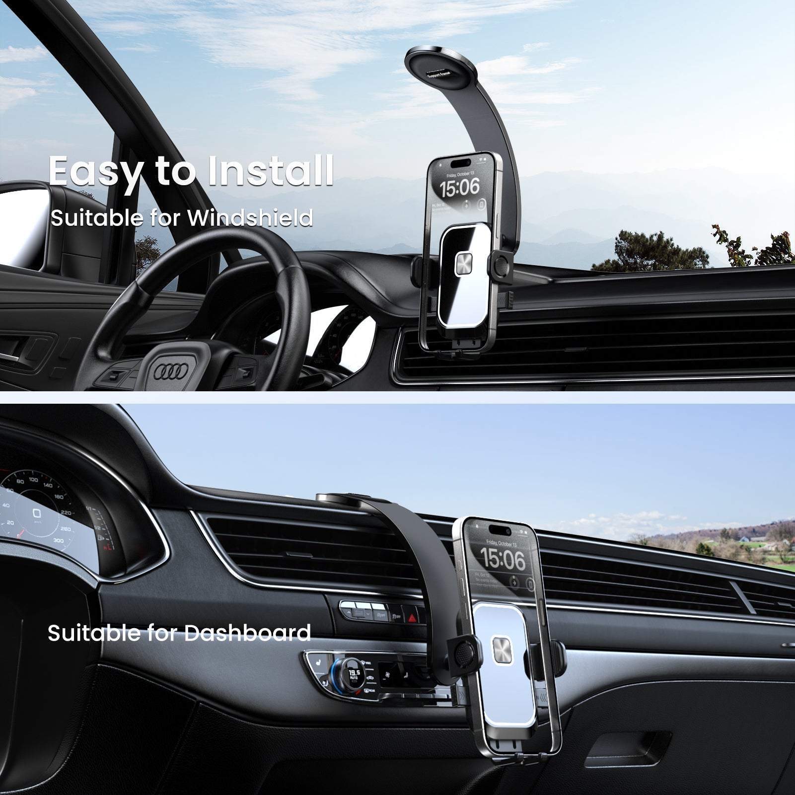 Bendablde car mount with 360° rotation and one-step operation, fits all sizes smartphone