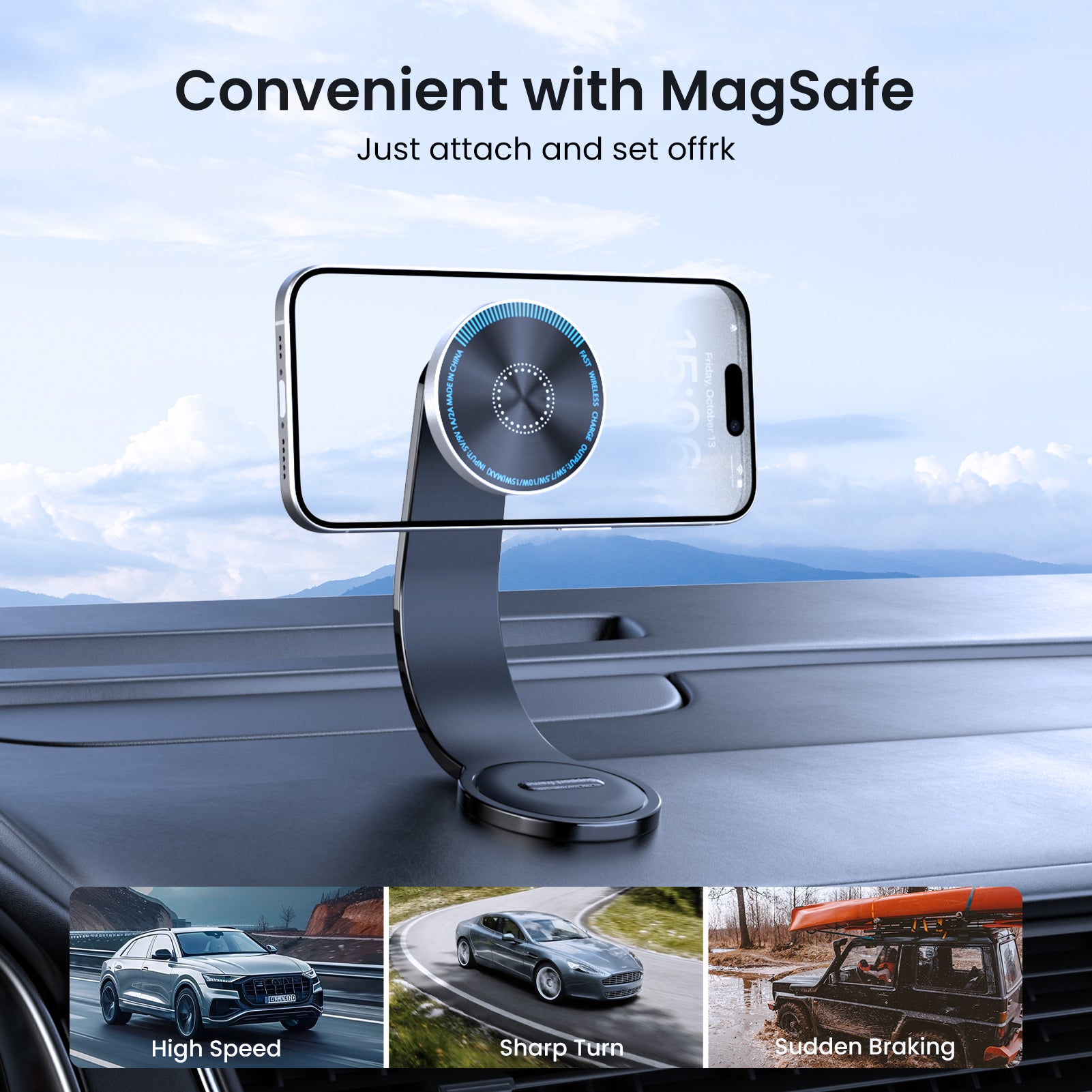 Bendable car mount compatible with MagSafe, fits all sizes smartphones