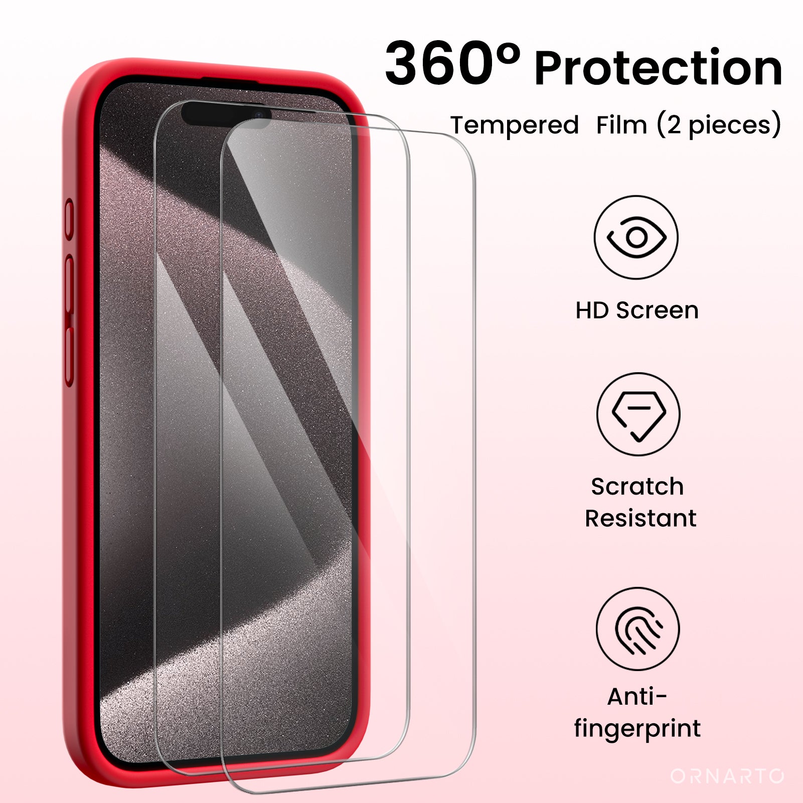 ORNARTO Liquid Silicone iPhone 15 Pro Case with Camera Protection and 2 Screen Protectors