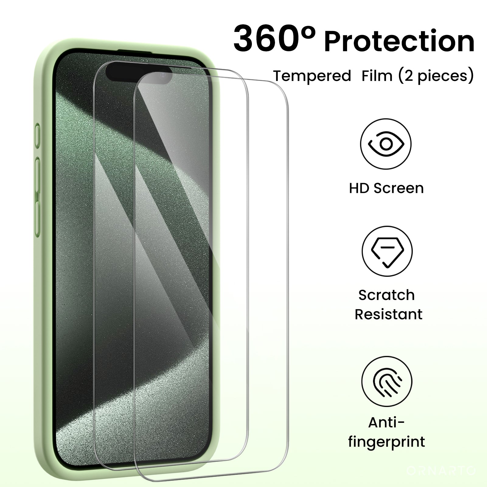 ORNARTO Liquid Silicone iPhone 15 Pro Case with Camera Protection and 2 Screen Protectors