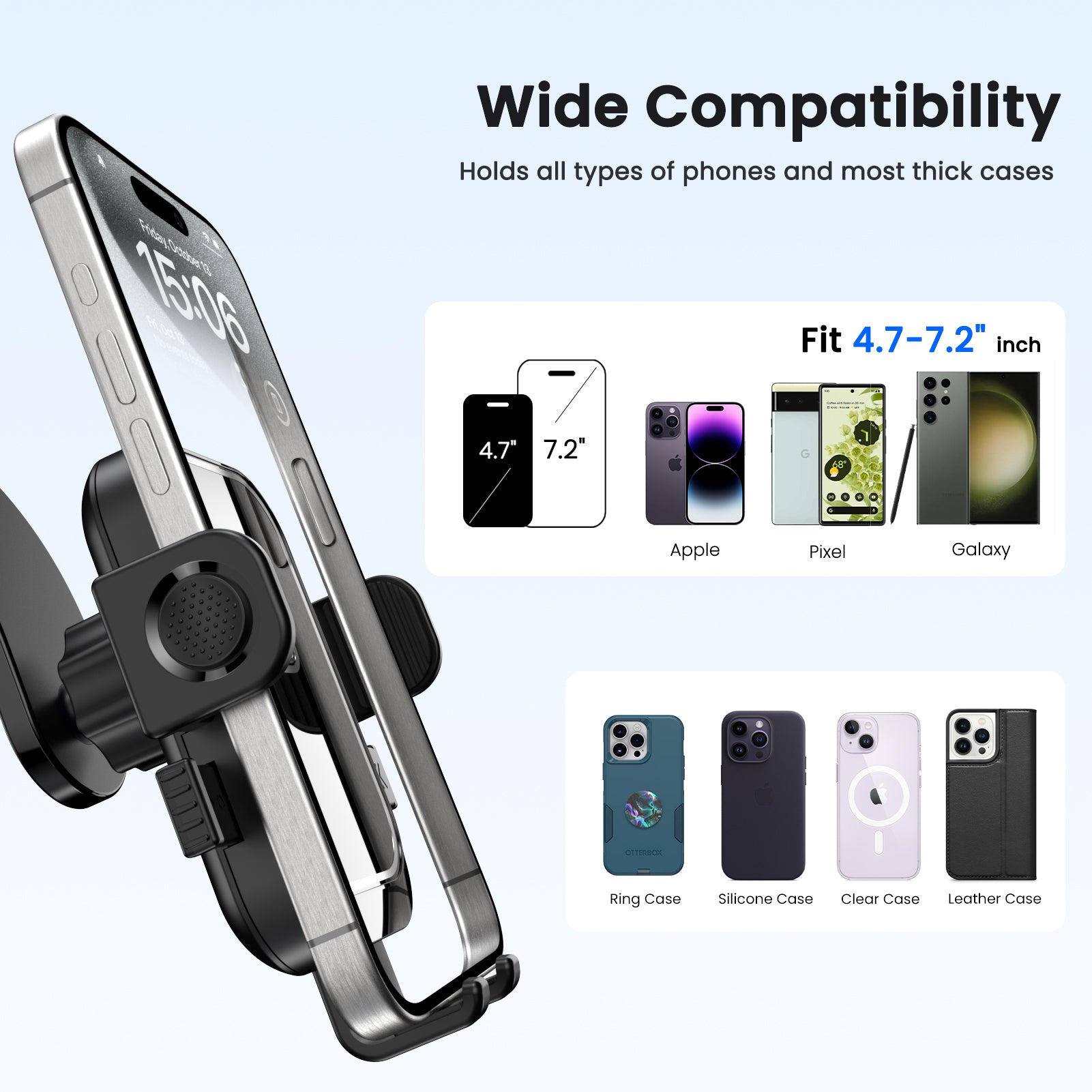 Bendablde car mount with 360° rotation and one-step operation, fits all sizes smartphone